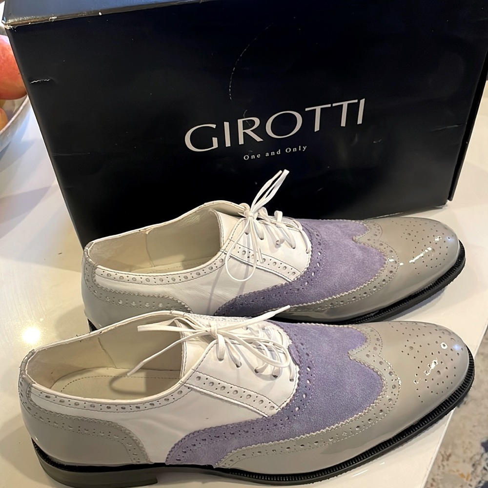 Men’s Custom Wingtips by Girotti. Grey, white and lavender design.